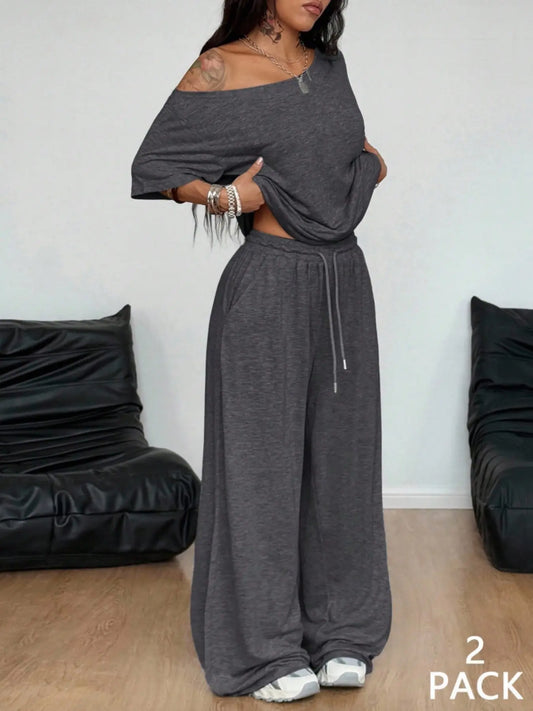 π₯Trending Now | Women's Off-Shoulder 2-Piece Set - Comfortable Top & Wide Leg Pants