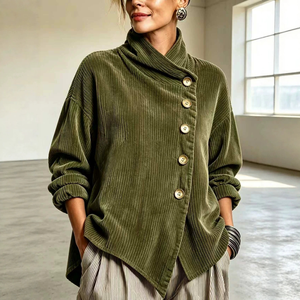 🤲LAST DAY SAVE 49% ⏰Cozy Asymmetric Button-Accented Corduroy Top