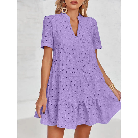 Eyelet Lace flowing dress β V-Neck, Short Sleeve, Relaxed Fit