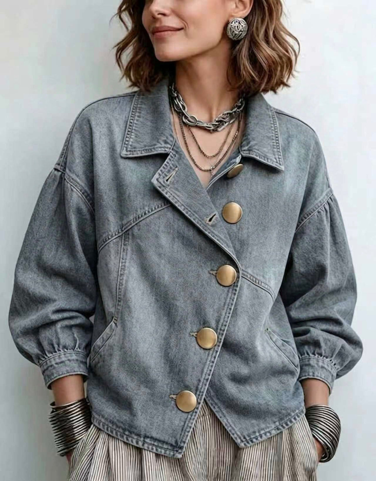 🤲LAST DAY SAVE 49% ⏰Asymmetrical Slant Gold Button Lantern Sleeve Denim Jacket