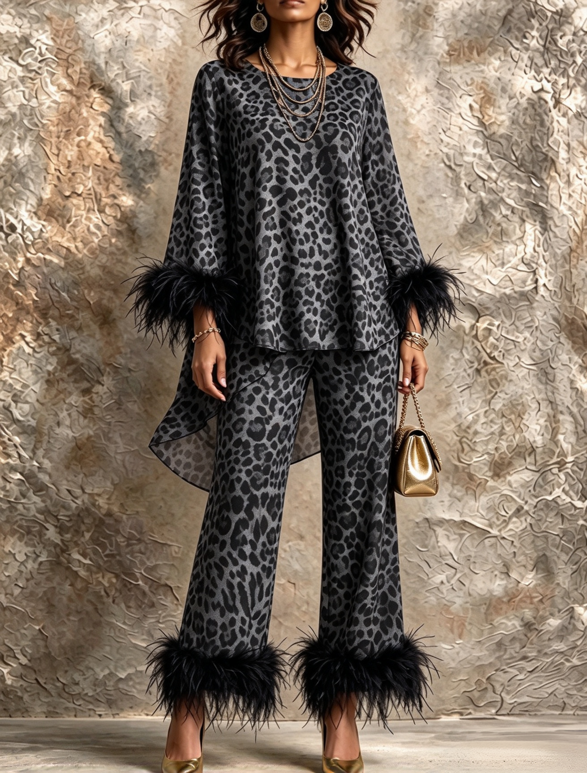 🤲LAST DAY SAVE 49% ⏰Chic Leopard Print Feather-Trimmed Two-Piece Set