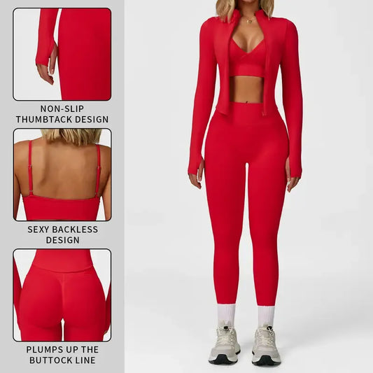 π€²Women's tank top, high-waisted leggings, and zip-up jacket 3-piece sportswear set.