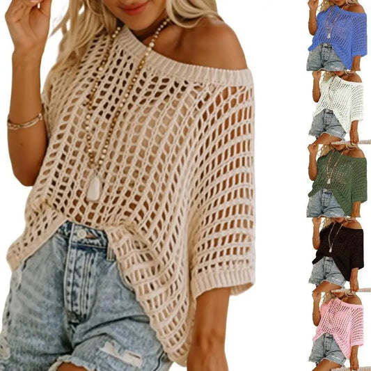 Crochet Hollow-Out Knit Top β 3/4 Sleeve, Lightweight Summer Pullover