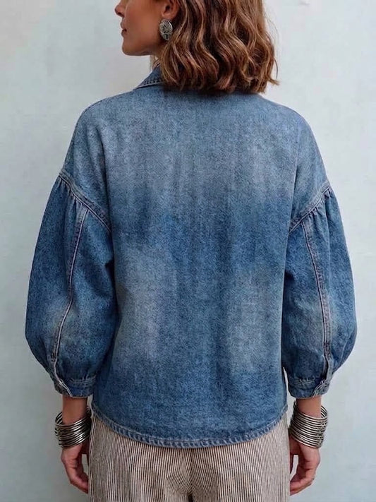 π€²LAST DAY SAVE 49% β°Asymmetrical Slant Gold Button Lantern Sleeve Denim Jacket