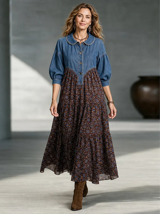 π€²LAST DAY SAVE 49% β°Boho-chic Denim Bodice Long Sleeve Floral Tiered Swing Maxi Dress