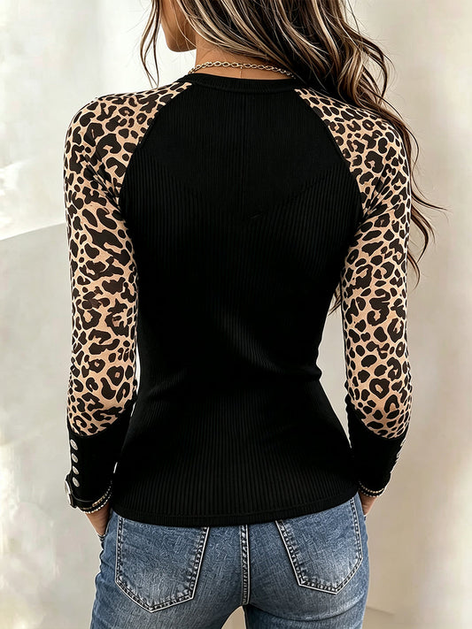 π€²LAST DAY SAVE 49% β°Chic Leopard-Sleeve Asymmetrical Zipper Ribbed Top