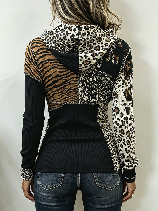 π€²LAST DAY SAVE 49% β°Chic Animal Patchwork Print Ribbed Hooded Top