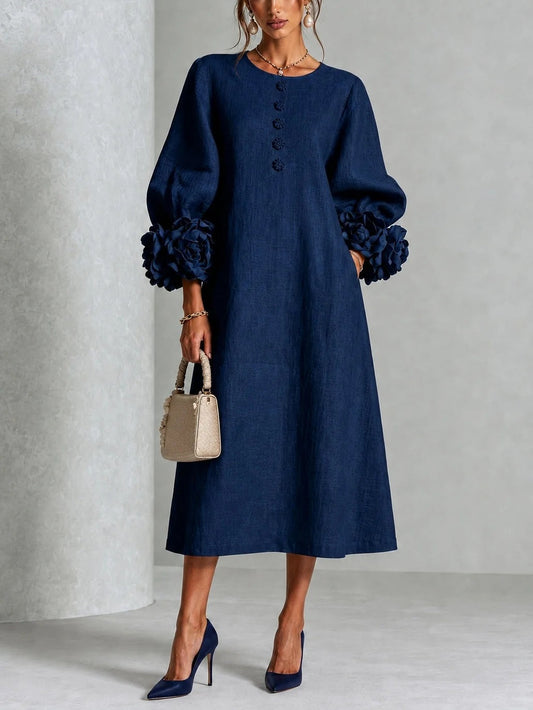 🤲LAST DAY SAVE 49% ⏰3D Floral Cuff Midi Dress – Relaxed A-Line Button Front— FREE Handbag