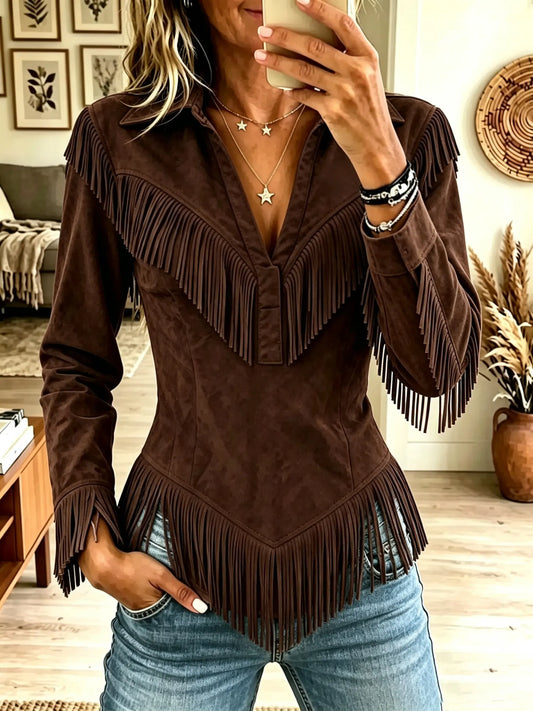 π€²LAST DAY SAVE 49% β°Women's Western Fringe Suede Pointed Hem Top