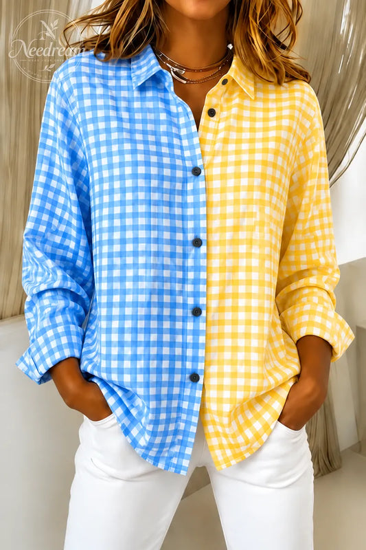 Women'S Casual Retro Pink And Green Color-Block Plaid Shirt