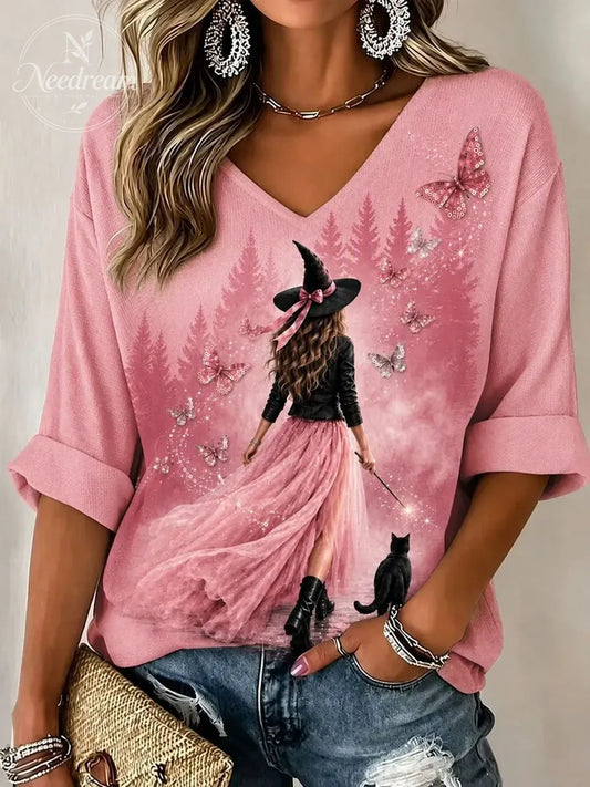 Girls' Halloween Witch Breast Cancer Printed T-Shirt