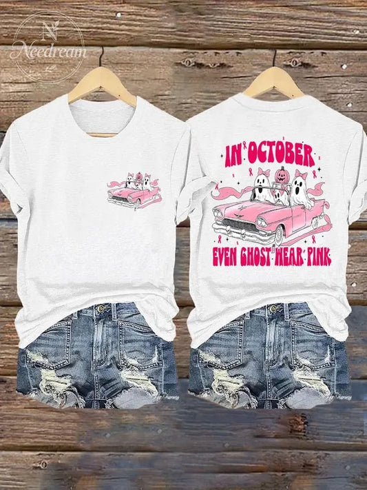 Retro Breast Cancer Awareness Halloween In October Even Ghost Wear Pink Print T-Shirt