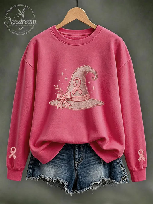 Women Pink Ribbon Witch Hat Embroidered Casual Sweatshirt