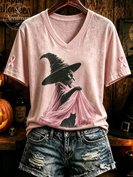 Women's Pink Witch-Themed V-Neck T-Shirt
