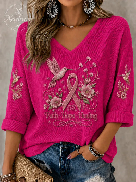 Women'S Breast Cancer Art Printed V-Neck Top