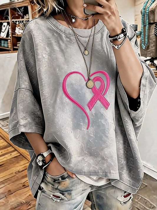 Women's Breast Cancer Awareness Ribbon Distressed Washed Oversized T-Shirt