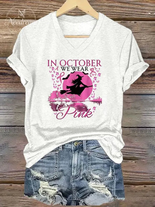 We Wear Pink Pattern Print V Neck Casual T-Shirt
