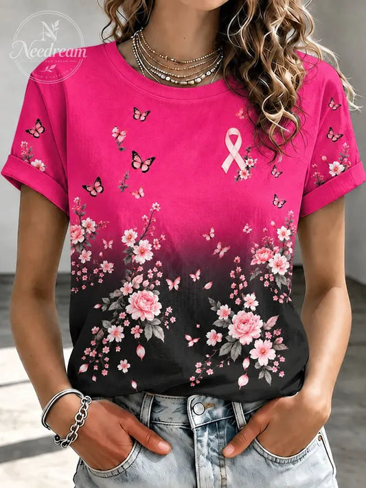 Women'S Pink Floral Butterfly Print Round Neck Short Sleeved T-Shirt