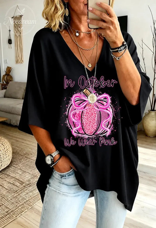 Women's "In October We Wear Pink" Loose-Fit Pure Cotton V-Neck T-Shirt