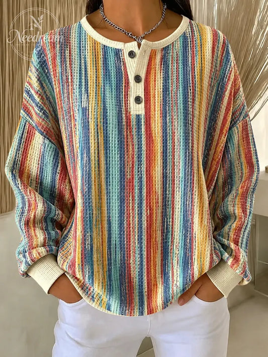 Women Color Block Henley Collar Casual Long Sleeve Sweatshirt