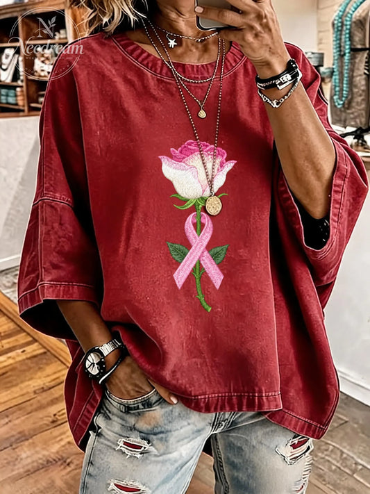Women's Breast Cancer Awareness Flowers Distressed Washed Oversized T-Shirt