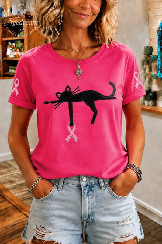 Women'S Cat And Pink Ribbon Round Neck 100% Cotton T-Shirt