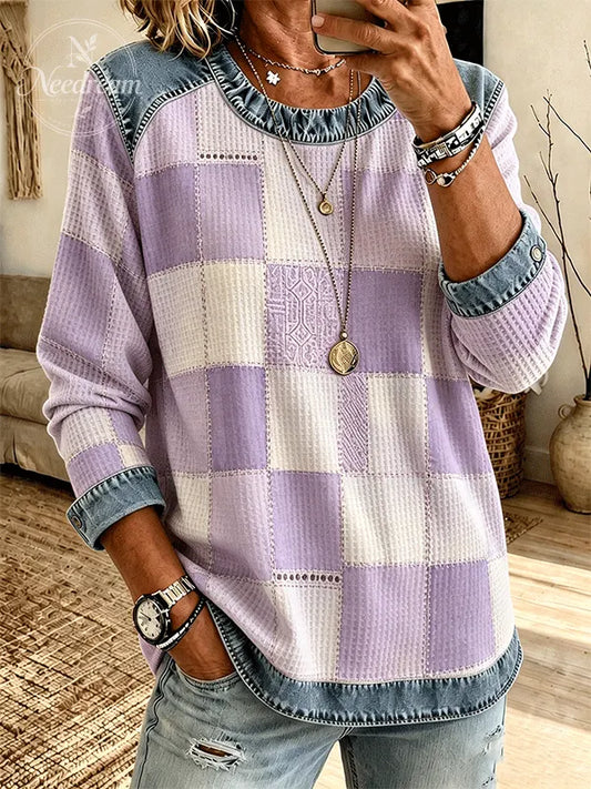 Women's Checkered Patchwork Trim Waffle Knit Long Sleeve Top