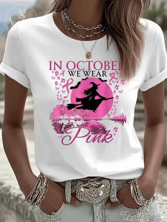 Women's In October We Wear Pink Pattern Print Casual T-Shirt