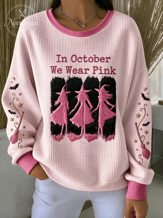 Women'S Pink Witch-Themed Waffle Sweatshirt