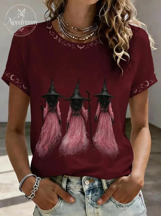 Women'S Retro Halloween Pink Witch Print Casual T-Shirt
