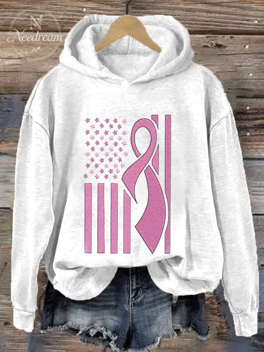 Women's USA Flag Pink Ribbon Breast Cancer Awareness Print Hoodie
