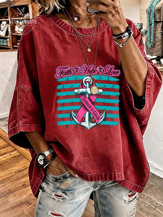 Women's Breast Cancer Awareness Hope Distressed Washed Oversized T-Shirt