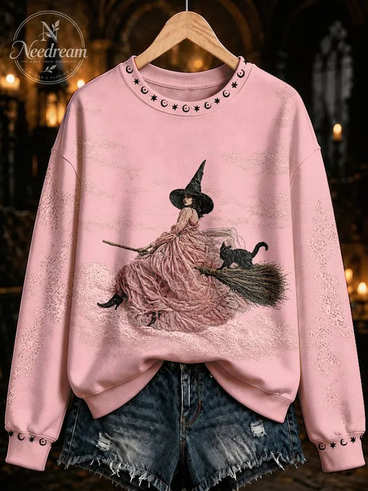 Women's Pink Witch-Themed Print Casual Sweatshirt