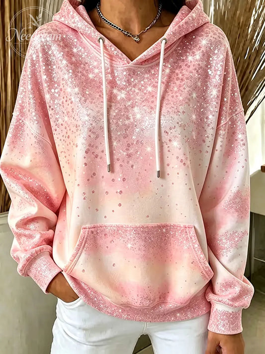 Women'S Retro Pink Breast Cancer Awareness Print Casual Hooded Sweatshirt
