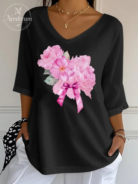 Women's Breast Cancer Flower Wrinkle Top
