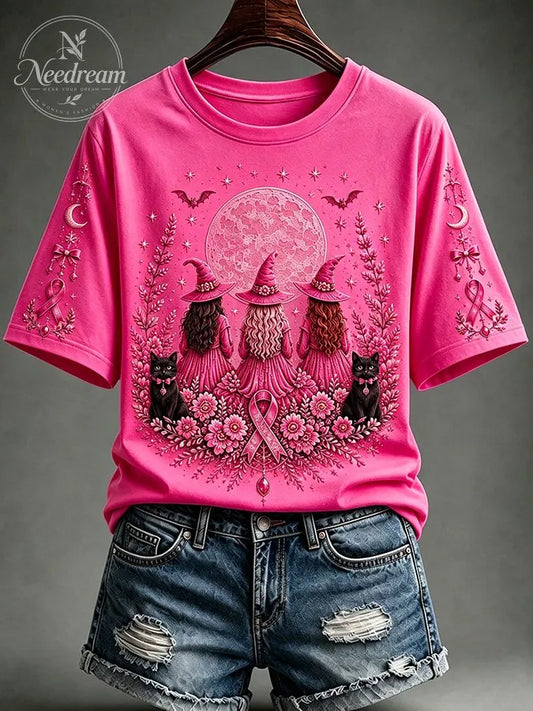Women's Breast Cancer Awareness Black Cat Pink Ribbon Short-Sleeve T-Shirt