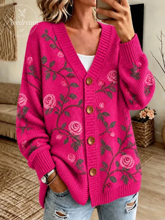 Women's Vintage Floral Embroidery V‐Neck Knit Cardigan