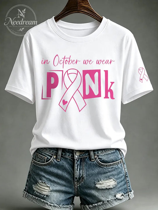 Women's In October We Wear Pink Printed Casual T-Shirt