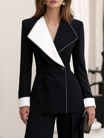 Women's Contrast Trim Blazer & Wide Leg Pants Set