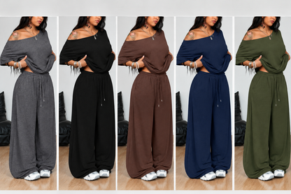 💥Trending Now | Women's Off-Shoulder 2-Piece Set - Comfortable Top & Wide Leg Pants
