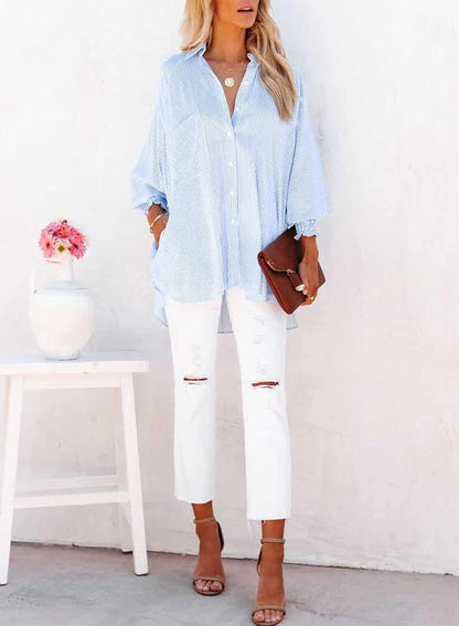 Women's Striped Oversized Button Down Shirt | Casual Long Sleeve Top