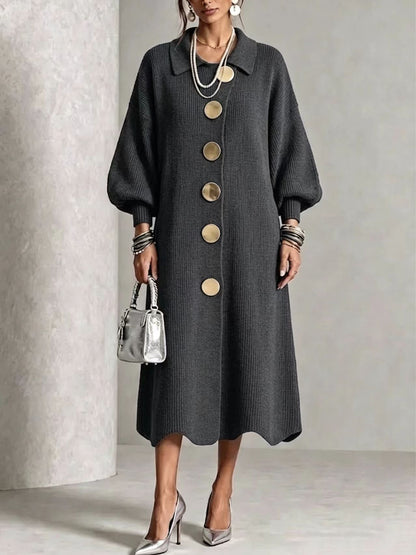 🤲LAST DAY SAVE 49% ⏰Long-sleeve Knit Dress With A Large Metal Buckle, Lapel Collar, And Lantern Sleeves— FREE Handbag