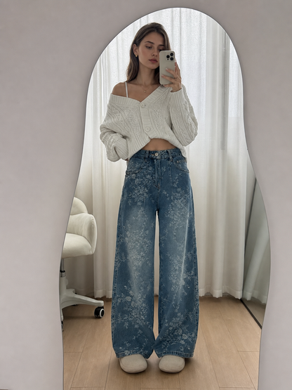 🌸🌸Women's Floral Jacquard Wide-Leg Denim Pants 👖✨