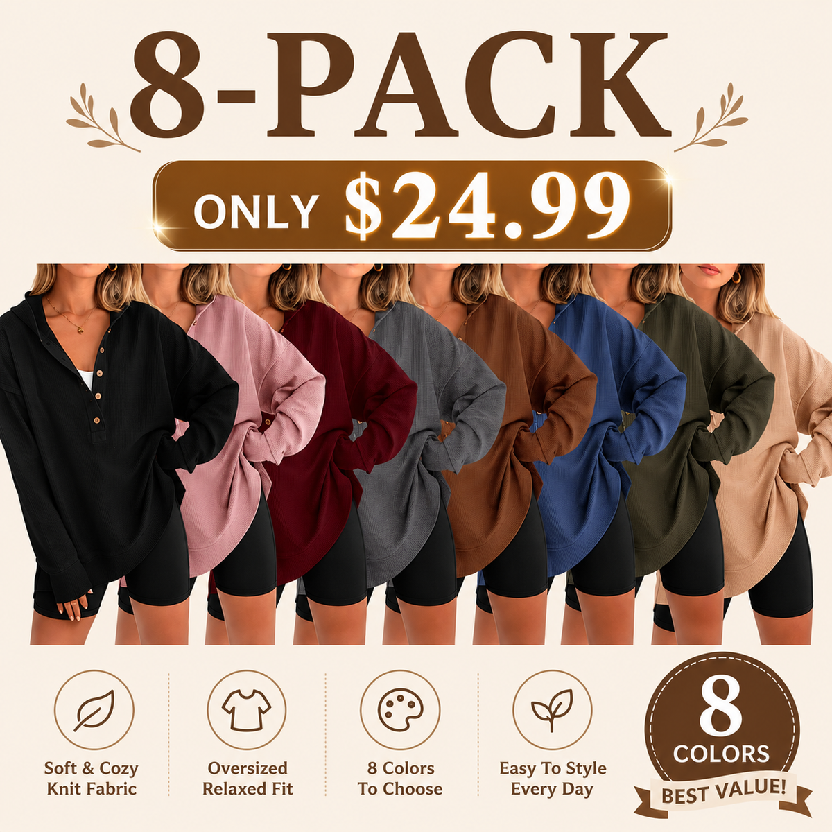 🤲Women's Oversized Button V-Neck Hoodie Sweatshirt Long Sleeve Side Slit Casual Fall Pullover Top