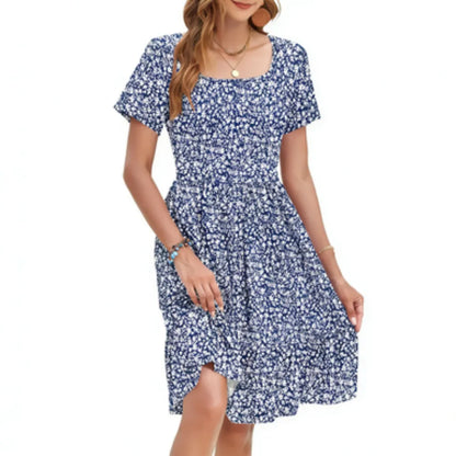 🤲Women Square Neck Ditsy Floral Dress, Ruffle Empire Waist A-Line Sundress With Pockets