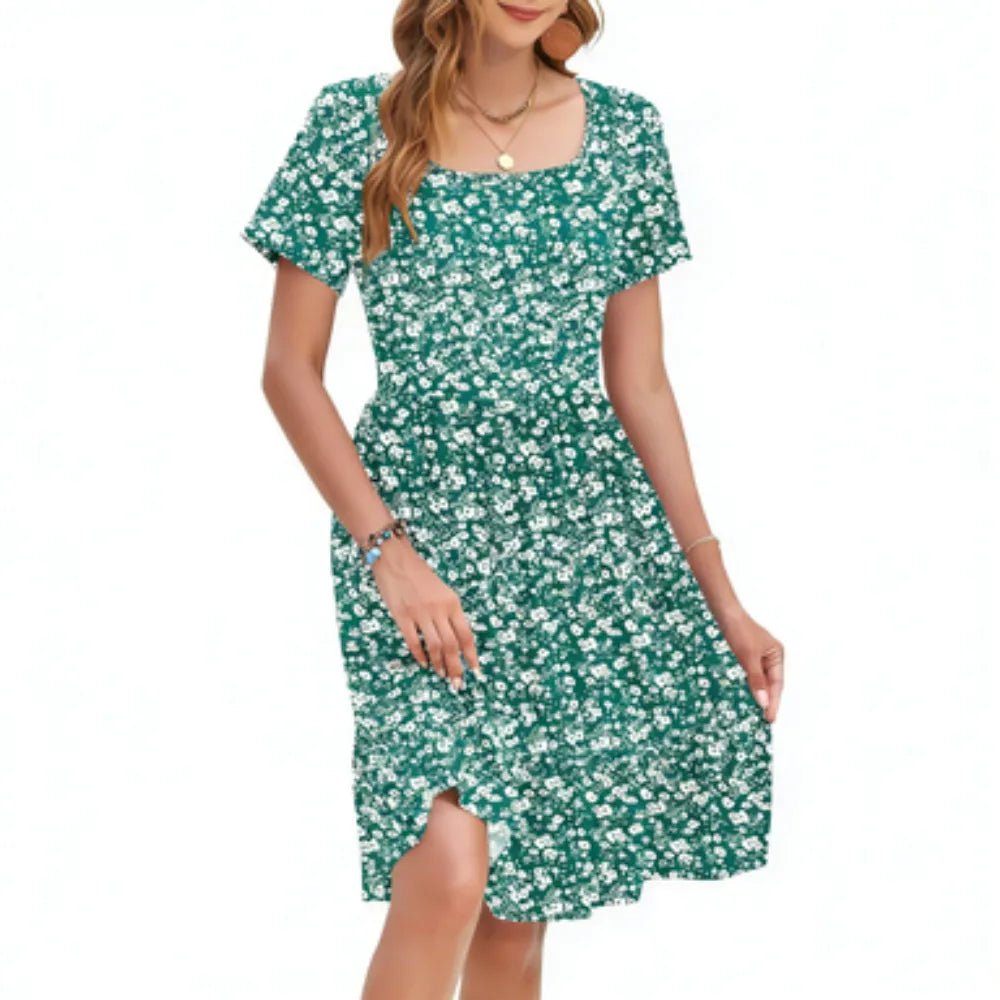 🤲Women Square Neck Ditsy Floral Dress, Ruffle Empire Waist A-Line Sundress With Pockets