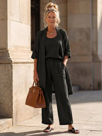 Women's Elegant 3 Piece Linen Set With Wide Leg Pants