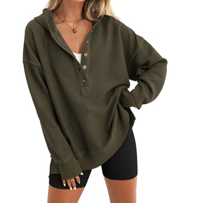 🤲Women's Oversized Button V-Neck Hoodie Sweatshirt Long Sleeve Side Slit Casual Fall Pullover Top