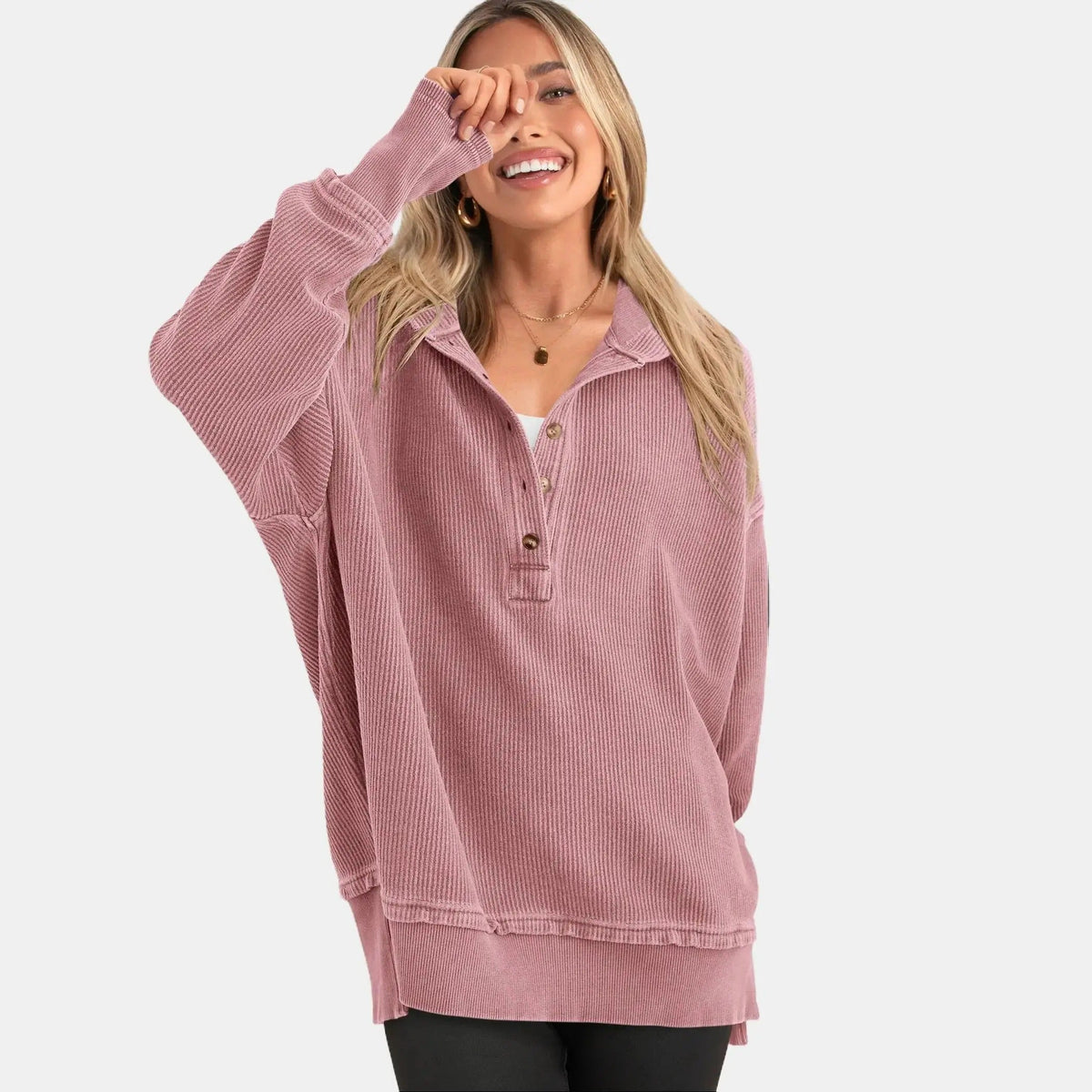 🤲Women's Oversized Button V-Neck Hoodie Sweatshirt Long Sleeve Side Slit Casual Fall Pullover Top