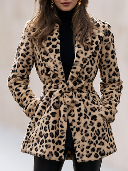 Women's Leopard Faux Fur Belted Jacket | Elegant Winter Statement Coat